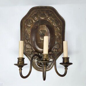 Vtg Antique Cast Bronze Electric Wired Wall Lamp Triple Armed Wall Light Sconce